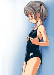 Rule 34 | 1girl, artist request, blush, character request, covered erect nipples, female focus, flat chest, from side, grey hair, highres, one-piece swimsuit, red eyes, school swimsuit, short hair, solo, swimsuit