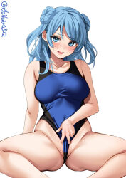 Rule 34 | 1girl, ass, bare shoulders, blue eyes, blue hair, blue one-piece swimsuit, blush, breasts, collarbone, competition swimsuit, covered navel, cropped legs, double bun, ebifurya, frontal wedgie, gluteal fold, hair between eyes, hair bun, highres, kantai collection, large breasts, looking at viewer, one-hour drawing challenge, one-piece swimsuit, open mouth, simple background, smile, solo, spread legs, swimsuit, thighs, twitter username, urakaze (kancolle), wedgie, white background
