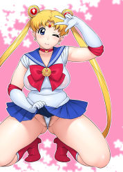 Rule 34 | 1girl, bishoujo senshi sailor moon, blonde hair, blue eyes, blush, boots, breasts, choker, cleft of venus, clothes lift, double bun, earrings, elbow gloves, female pubic hair, gloves, hair ornament, jewelry, jinroku, large breasts, long hair, magical girl, one eye closed, panties, pleated skirt, plump, pubic hair, sailor collar, sailor moon, skirt, skirt lift, solo, thick thighs, thighs, thong, tiara, tsukino usagi, twintails, underwear, v over eye, very long hair, wink