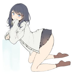 Rule 34 | 10s, 1girl, bad id, bad pixiv id, black hair, black skirt, blue eyes, blush, brown socks, covering own mouth, from side, gridman universe, hand up, highres, kneeling, looking at viewer, miniskirt, pleated skirt, sabet (young ouo), simple background, skirt, sleeves past wrists, socks, solo, ssss.gridman, takarada rikka, thighs, tsurime, white background