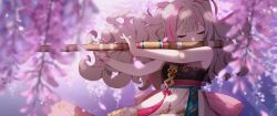 Rule 34 | 1girl, bad end, blunt bangs, blurry, blurry foreground, blush, bow, cherry blossoms, closed eyes, dress, eversoul, falling petals, flute, game cg, grey hair, highres, holding, holding instrument, instrument, jiho (eversoul), korean clothes, long hair, multicolored hair, music, nail polish, non-web source, official art, petals, pink hair, playing flute, playing instrument, ribbon, see-through, sidelocks, skirt, sleeveless, solo, streaked hair, tassel, transverse flute, twintails