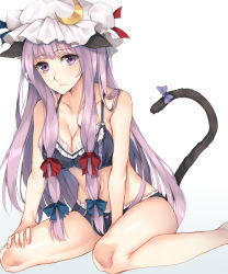 Rule 34 | 1girl, animal ears, bare arms, bare legs, black bra, black panties, blue bow, bow, bow panties, bra, breasts, cat ears, cat tail, cleavage, crescent, crescent hair ornament, frilled bra, frilled panties, frills, hair bow, hair ornament, hat, highres, kemonomimi mode, large breasts, leaning forward, long hair, looking at viewer, mob cap, panties, patchouli knowledge, purple eyes, purple hair, red bow, rinarisa, simple background, sitting, solo, tail, touhou, underwear, underwear only, very long hair, wariza, white background