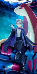 Rule 34 | 1boy, azul ashengrotto, bad id, bad pixiv id, black footwear, black jacket, black pants, blue eyes, blue scarf, bow, bowtie, buttons, closed mouth, commentary request, creatures (company), crossover, dive ball, game freak, gen 3 pokemon, glasses, gloves, grey hair, hand up, highres, holding, holding poke ball, jacket, long sleeves, looking at viewer, male focus, milotic, mole, mole under mouth, nintendo, pants, pi (necchoringo), poke ball, pokemon, pokemon (creature), purple neckwear, scarf, shirt, shoes, short hair, smile, twisted wonderland, white gloves, white shirt