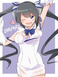 Rule 34 | 10s, 1girl, 2015, ;d, arm up, black hair, blush, breasts, cleavage, dated, dungeon ni deai wo motomeru no wa machigatteiru darou ka, gloves, hair ribbon, hestia (danmachi), long hair, one eye closed, open mouth, purple background, quriltai, rei no himo, ribbon, simple background, smile, solo, twintails, white gloves