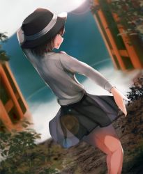 Rule 34 | 1girl, beckoning, bow, brown eyes, brown hair, collared shirt, dutch angle, fedora, fog, fumei (mugendai), hat, hat bow, open door, open mouth, outstretched arm, shirt, short hair, skirt, smile, solo, touhou, usami renko