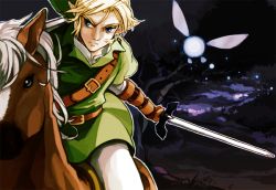 Rule 34 | 1boy, blonde hair, blue eyes, earrings, epona, fairy, gloves, hat, holding, holding sword, holding weapon, horse, jewelry, link, male focus, mochio (ibuki), navi, nintendo, pointy ears, riding, sword, the legend of zelda, the legend of zelda: ocarina of time, weapon