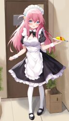 Rule 34 | 1girl, absurdres, apron, black bow, black bowtie, black dress, black footwear, blue eyes, blush, bocchi the rock!, bow, bowtie, collar, cube hair ornament, detached collar, dress, exusiai dust, food, frilled apron, frilled dress, frills, full body, gotoh hitori, hair between eyes, hair ornament, highres, holding, holding tray, long hair, looking at viewer, maid, maid apron, maid headdress, mixed-language commentary, one side up, open mouth, pantyhose, pink hair, puffy short sleeves, puffy sleeves, short sleeves, sidelocks, solo, standing, sweatdrop, tray, white collar, white pantyhose, white wrist cuffs, wrist cuffs