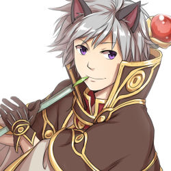 Rule 34 | 1boy, animal ears, brown capelet, brown gloves, cape, capelet, cat ears, closed mouth, commentary request, gloves, grey hair, holding, holding staff, leaf, looking at viewer, male focus, mouth hold, natsuya (kuttuki), purple eyes, ragnarok online, red shirt, shirt, short hair, simple background, smile, solo, staff, stalk in mouth, upper body, white background, white cape, wizard (ragnarok online)