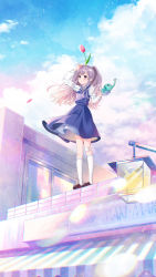 Rule 34 | 1girl, absurdres, bandaged leg, bandages, bandaid, bandaid on face, bandaid on forehead, blue dress, blush, brown footwear, bubbles m, dress, flower, flower on head, full body, grey hair, highres, holding, holding watering can, idolmaster, idolmaster shiny colors, kneehighs, lamppost, ledge, loafers, long hair, long sleeves, outdoors, pinafore dress, purple eyes, rooftop, shoes, sky, sleeveless dress, socks, solo, standing, storefront, twintails, watering can, white socks, wind, wind lift, yukoku kiriko