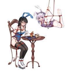 Rule 34 | 2girls, animal ears, ball gag, bdsm, black hair, bondage, bound, bound arms, bound legs, chair, character request, collarbone, commentary request, cup, drinking glass, drinking straw, fake animal ears, full body, gag, highres, ice skates, leotard, long hair, looking at viewer, multiple girls, playboy bunny, playboy bunny, purple eyes, purple hair, sdqg, shibari, shibari over clothes, sitting, skates, suspension, table, thighhighs, warship girls r, white background, yellow eyes