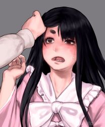 Rule 34 | 1girl, 1other, black hair, blunt bangs, bow, bowtie, brown eyes, collared shirt, commentary request, envenomist (gengoroumaru), grey background, hair lift, highres, hime cut, houraisan kaguya, long hair, long sleeves, lower teeth only, medium bangs, one-hour drawing challenge, open mouth, pink shirt, shirt, simple background, solo focus, teeth, thick eyebrows, touhou, upper body, very long hair, white bow, white bowtie, wide sleeves