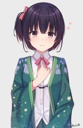 Rule 34 | 1girl, alisia0812, black hair, blush, brown eyes, collared shirt, commentary request, dress shirt, floral print, green skirt, grey background, hair ribbon, hand up, highres, japanese clothes, long sleeves, looking at viewer, neck ribbon, one side up, open clothes, original, parted lips, pink ribbon, pleated skirt, red ribbon, ribbon, shirt, signature, simple background, skirt, solo, upper body, white shirt, wide sleeves