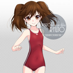 Rule 34 | 1girl, alternate color school swimsuit, blush, brown eyes, brown hair, character name, checkered background, collarbone, commentary request, covered navel, cowboy shot, flat chest, gradient background, grey background, hair between eyes, inaba shiki, kantai collection, logo, looking at viewer, multicolored clothes, multicolored swimsuit, new school swimsuit, one-hour drawing challenge, one-piece swimsuit, red one-piece swimsuit, ryuujou (kancolle), school swimsuit, school uniform, simple background, smile, solo, striped clothes, striped one-piece swimsuit, swimsuit, twintails, vertical-striped clothes, vertical-striped one-piece swimsuit