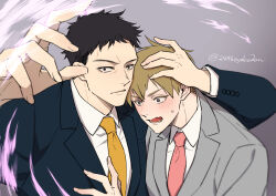 Rule 34 | 2496oyakodon, 2boys, black hair, black jacket, black suit, blonde hair, blue eyes, casting spell, closed mouth, collared shirt, couple, energy, formal, glaring, grey background, grey jacket, grey suit, hand on another&#039;s chest, hand on another&#039;s head, head on another&#039;s shoulder, highres, jacket, magic, male focus, mob psycho 100, multiple boys, necktie, open mouth, protecting, red necktie, reigen arataka, serizawa katsuya, shirt, short hair, side-by-side, simple background, suit, sweatdrop, upper body, white shirt, yaoi, yellow necktie