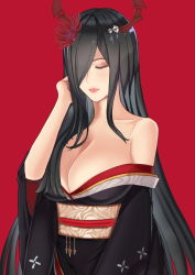 Rule 34 | 1girl, absurdres, azur lane, bare shoulders, black hair, black kimono, breasts, cleavage, closed eyes, flower, friedrich der grosse (azur lane), friedrich der grosse (dark raiments of gagaku) (azur lane), hair flower, hair ornament, hand in own hair, highres, horn ornament, horns, japanese clothes, kimono, large breasts, lipstick, long hair, makeup, mechanical horns, off shoulder, portrait, red background, red flower, red horns, red lips, sash, shinkou no shiba, wide sleeves