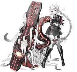 Rule 34 | 1girl, abyssal ship, black footwear, black gloves, boots, braid, closed mouth, fingerless gloves, flight deck, full body, gloves, grey skirt, horns, kantai collection, knee boots, long hair, official art, pale skin, pleated skirt, red eyes, single braid, skirt, solo, striped clothes, striped thighhighs, tentacles, thighhighs, transparent background, vertical-striped clothes, vertical-striped thighhighs, very long hair, white hair, white thighhighs, yokohama wharf princess