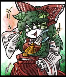 Rule 34 | +++, 1girl, :d, arm behind head, ascot, black border, blunt bangs, blush stickers, border, bow, colored skin, cosplay, cowboy shot, frilled bow, frills, frog hair ornament, green eyes, green hair, hair between eyes, hair bow, hair ornament, hair tubes, hakurei reimu, hakurei reimu (cosplay), hand on own hip, hatching (texture), kochiya sanae, linear hatching, long hair, looking at viewer, open mouth, red bow, red shirt, red skirt, shirt, skirt, smile, snake hair ornament, solo, suenari (peace), touhou, white skin, wide sleeves, yellow ascot