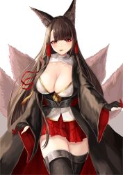 Rule 34 | 1girl, absurdres, akagi (azur lane), animal ears, azur lane, black kimono, black thighhighs, blunt bangs, blush, breasts, brown hair, cleavage, collarbone, cowboy shot, eyeliner, fox ears, fox tail, gloves, hair ornament, hakama, hakama short skirt, hakama skirt, highres, holding, hoshibudou, japanese clothes, kimono, large breasts, licking lips, long hair, looking at viewer, makeup, multiple tails, partially fingerless gloves, red eyes, simple background, skirt, smile, solo, tail, thighhighs, tongue, tongue out, very long hair, white background, wide sleeves