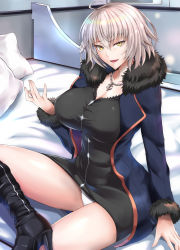 Rule 34 | 1girl, ahoge, bed, black dress, boots, breasts, cleavage, coat, crossed legs, dress, fate/grand order, fate (series), fur trim, high heels, highres, jeanne d&#039;arc (fate), jeanne d&#039;arc alter (fate), jeanne d&#039;arc alter (ver. shinjuku 1999) (fate), jewelry, knee boots, kumakichi (cost-lost), large breasts, looking at viewer, necklace, official alternate costume, on bed, open mouth, panties, pantyshot, pendant, pillow, platinum blonde hair, short hair, sitting, solo, standing, underwear, white panties, yellow eyes