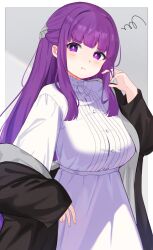 Rule 34 | 1girl, :t, aomi wool, black coat, blush, breasts, coat, commentary request, fern (sousou no frieren), grey background, large breasts, long hair, long sleeves, looking at viewer, pout, purple eyes, purple hair, shirt, skirt, solo, sousou no frieren, white shirt, white skirt