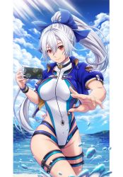 Rule 34 | 1girl, absurdres, blue bow, blue jacket, blue one-piece swimsuit, blue sky, border, bow, breasts, cellphone, cloud, competition swimsuit, cropped jacket, day, fate/grand order, fate (series), hair between eyes, hair bow, highleg, highleg swimsuit, highres, holding, holding phone, hotaru kiyo, jacket, large breasts, long hair, mitsudomoe (shape), one-piece swimsuit, partially submerged, phone, ponytail, red eyes, short sleeves, silver hair, sky, slit pupils, smartphone, solo, striped wristband, sunlight, swimsuit, thigh strap, tomoe (symbol), tomoe gozen (fate), tomoe gozen (swimsuit saber) (fate), tomoe gozen (swimsuit saber) (first ascension) (fate), two-tone swimsuit, very long hair, wading, water, white border, white one-piece swimsuit