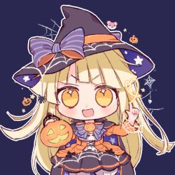 Rule 34 | + +, 1girl, :d, bad id, bad pixiv id, bang dream!, basket, black bow, black hat, blonde hair, bow, bowtie, chibi, dress, halloween costume, hat, hat bow, index finger raised, jack-o&#039;-lantern, long hair, long sleeves, looking at viewer, michelle (bang dream!), open mouth, outline, overskirt, poyo (shwjdddms249), purple bow, purple bowtie, smile, solo, spider hair ornament, spider web print, striped bow, striped bowtie, striped clothes, striped neckwear, tsurumaki kokoro, v-shaped eyebrows, white outline, witch, witch hat, yellow eyes