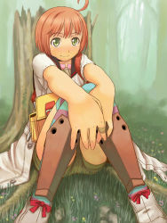 Rule 34 | 1girl, ahoge, atlus, bandaid, bandaid on hand, bow, etrian odyssey, eyebrows, footwear bow, grass, green eyes, itou (onsoku tassha), jacket, knees together feet apart, knees up, looking at viewer, medic, medic (sekaiju), nature, onnsoku, open clothes, orange hair, outdoors, outstretched arms, red bow, shoes, short hair, sitting, smile, solo, striped clothes, striped thighhighs, thighhighs, tree, white footwear