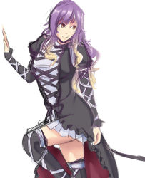 Rule 34 | 1girl, black dress, blonde hair, boots, breasts, brown eyes, brown hair, dress, gradient hair, hijiri byakuren, juliet sleeves, large breasts, layered dress, long hair, long sleeves, looking back, multicolored hair, open clothes, open dress, puffy sleeves, purple hair, short dress, simple background, sketch, smile, solo, taiko (luqueiral), thigh boots, thighhighs, touhou, white background, white dress