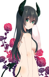 Rule 34 | 1girl, ass, black hair, blush, breasts, demon girl, demon tail, fujishiro emyu, green eyes, horns, long hair, looking at viewer, nude, original, solo, tail, towel