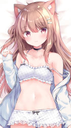 Rule 34 | 1girl, animal ear fluff, animal ears, bad id, bad pixiv id, bed sheet, black choker, blush, bow, bow bra, bra, brown eyes, brown hair, cat ears, choker, closed mouth, collarbone, cowboy shot, dakimakura (medium), frilled bra, frilled shorts, frills, hair between eyes, hair bow, hand up, highres, jacket, long hair, long sleeves, looking at viewer, lying, masayo (gin no ame), navel, off shoulder, on back, open clothes, open jacket, original, pinching sleeves, polka dot, polka dot bra, polka dot shorts, short shorts, shorts, sleeves past wrists, smile, solo, strap slip, underwear, very long hair, white bow, white bra, white jacket, white shorts