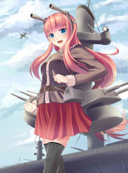 Rule 34 | 1girl, :d, aircraft, airplane, bad id, bad pixiv id, battleship, black shirt, black thighhighs, blue eyes, blunt bangs, blush, cloud, cloudy sky, day, fang, headgear, highres, long hair, long sleeves, looking at viewer, military, military uniform, military vehicle, open mouth, original, personification, pink hair, pleated skirt, red skirt, ship, shirt, sidelocks, skirt, sky, smile, smokestack, solo, standing, thighhighs, turret, ucukrtz, uniform, very long hair, warship, watercraft
