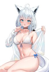 Rule 34 | 1girl, ahoge, animal ear fluff, animal ears, bikini, black choker, blush, bow, braid, breasts, breasts apart, choker, collarbone, feet out of frame, fox ears, fox girl, fox tail, highres, holding, holding clothes, holding shirt, hololive, kumarang, long hair, medium breasts, navel, off shoulder, open clothes, open mouth, open shirt, shirakami fubuki, shirt, side braid, simple background, single braid, smile, solo, swimsuit, tail, virtual youtuber, white background, white bikini, white hair, white shirt