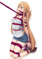 Rule 34 | absurdres, asuna (sao), bare arms, bare legs, bare shoulders, bdsm, blue skirt, blush, bondage, bound, braid, breasts, cailin020, collarbone, colored skin, gag, gagged, highres, kneeling, large breasts, long hair, orange hair, shoes, skirt, sword art online, thighs, white background, white skin