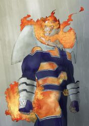 Rule 34 | 1boy, absurdres, armor, artist request, beard, beard stubble, blue bodysuit, bodysuit, boku no hero academia, endeavor (boku no hero academia), facial hair, feet out of frame, fire, highres, large pectorals, looking to the side, male focus, mature male, muscular, muscular male, pauldrons, pectorals, pyrokinesis, rain, sanpaku, scar, scar across eye, short hair, shoulder armor, sideburns, solo, spiked hair, standing, stubble, thick eyebrows, walking