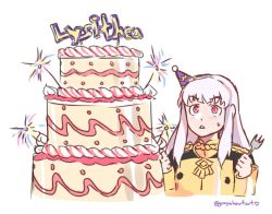 Rule 34 | 1girl, cake, character name, fire emblem, fire emblem: three houses, food, fork, garreg mach monastery uniform, graysheartart, hat, holding, holding fork, long hair, long sleeves, lysithea von ordelia, nintendo, open mouth, party hat, pink eyes, simple background, solo, twitter username, uniform, upper body, white background, white hair