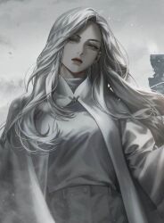 Rule 34 | 1girl, bad tag, cape, closed mouth, hand up, lee seolhwa, long hair, looking at viewer, omniscient reader&#039;s viewpoint, serious, shirt, snow, very long hair, white hair, white shirt