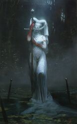 Rule 34 | 1girl, arthurian legend, blood, blood on hands, breasts, breath, covered navel, dress, hair ornament, highres, holding, jewelry, king arthur (mythology), lady of the lake, solo, sword, tagme, teradiam, veil, weapon, wetland, white dress, white veil