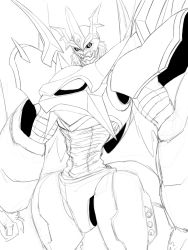 Rule 34 | armor, claws, digimon, full armor, gishu, highres, imperialdramon, imperialdramon fighter mode, monochrome, monster, muscular, no humans, sketch, solo, weapon, wings
