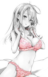 Rule 34 | 1girl, blush, bra, bra tug, breasts, commentary request, greyscale, hair between eyes, highres, kantai collection, long hair, looking at viewer, medium breasts, monochrome, navel, one side up, panties, parted lips, pink bra, pink panties, rizzl, sidelocks, solo, spot color, stomach, suzutsuki (kancolle), underwear, underwear only