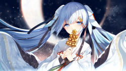 Rule 34 | 1girl, bell, bison cangshu, commentary request, covering own mouth, grey eyes, hair ornament, half-closed eyes, hatsune miku, highres, holding, japanese clothes, jingle bell, kagura suzu, long hair, looking at viewer, miko, silver hair, snowing, solo, twintails, vocaloid, yuki miku