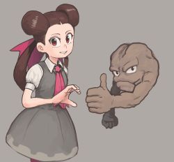 Rule 34 | 1girl, absurdres, brown hair, chanta (ayatakaoisii), collared shirt, cowboy shot, creatures (company), dress, game freak, gen 1 pokemon, geodude, grey background, grey dress, hair ribbon, heart hands failure, highres, long hair, nintendo, pantyhose, parted lips, pink ribbon, pokemon, pokemon (creature), pokemon oras, red eyes, ribbon, roxanne (pokemon), shirt, short sleeves, simple background, smile, solo, thumbs up, twintails, white shirt
