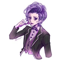 Rule 34 | 10s, 1boy, alternate hairstyle, anger vein, bowtie, cherry dot, diabolik lovers, food, formal, half-closed eyes, highres, jacket, lollipop, looking at viewer, male focus, purple eyes, purple hair, sakamaki kanato, simple background, solo, sweets, tongue, tongue out, upper body, white background
