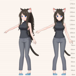 Rule 34 | 1girl, aina (mao lian), animal ear fluff, animal ears, bare arms, blue eyes, blue footwear, brown hair, brown sweater, cat ears, cat tail, closed mouth, denim, grey pants, height chart, highres, jeans, long hair, looking at viewer, mao lian (nekokao), multiple views, navel, original, pants, pigeon-toed, ponytail, ribbed sweater, shoes, sleeveless, sleeveless sweater, smile, standing, sweater, tail
