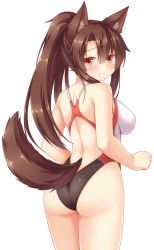 Rule 34 | 1girl, alternate hairstyle, animal ears, ass, back, blush, breasts, brown hair, clenched hand, competition swimsuit, from behind, hair between eyes, highres, imaizumi kagerou, large breasts, long hair, looking at viewer, looking back, one-piece swimsuit, ponytail, red eyes, sideboob, simple background, solo, standing, swimsuit, tail, tareme, touhou, white background, wolf ears, wolf tail, yuu (yu0221f)