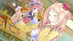 Rule 34 | 2girls, :d, atelier (series), atelier meruru, balancing, blonde hair, blue eyes, blush, braid, breasts, brown hair, cleavage, closed eyes, crown, dutch angle, eating, female focus, floral print, food, food on face, fruit, game cg, half updo, hand on own cheek, hand on own face, hat, heart, highres, holding, kishida mel, long hair, long sleeves, merurulince rede arls, mini crown, multiple girls, official art, open mouth, outstretched arm, pie, rororina fryxell, short hair, smile, striped clothes, striped headwear, vertical-striped clothes, vertical-striped headwear