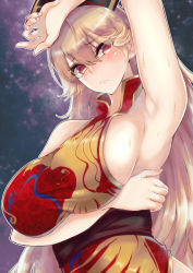 Rule 34 | 1girl, arm up, armpits, bare arms, bare shoulders, black sash, blonde hair, blush, breast hold, breasts, commentary request, hair between eyes, head tilt, headdress, highres, junko (touhou), kurokan (kokkyou oudan), large breasts, long hair, looking at viewer, outline, red eyes, sash, solo, sweat, tabard, touhou, upper body, white outline