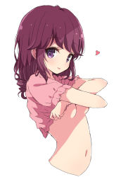 Rule 34 | 1girl, blush, breasts, brown hair, closed mouth, cropped torso, heart, highres, long hair, looking at viewer, machikado mazoku, medium breasts, mel (melty pot), navel, purple eyes, short sleeves, simple background, smile, solo, tongue, tongue out, undressing, upper body, white background, yoshida ryouko