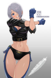 Rule 34 | 1girl, angel (kof), black jacket, black panties, blue eyes, blue gloves, blush, breasts, chaps, cleavage, crop top, cropped jacket, feathers, fingerless gloves, gloves, hair over one eye, highres, jacket, kkzk61539201, large breasts, looking at viewer, midriff, navel, open mouth, panties, short hair, simple background, smile, solo, the king of fighters, the king of fighters xv, underwear, white hair