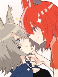 Rule 34 | 2girls, animal ears, arknights, ashlock (arknights), ashlock (elite ii) (arknights), black shirt, blue eyes, blush, breasts, cleavage, eye contact, face-to-face, flametail (arknights), grey hair, hand on another&#039;s chin, hand up, looking at another, material growth, multiple girls, oripathy lesion (arknights), portrait, red eyes, red hair, red shirt, shirt, simple background, small breasts, smile, sparkle, squirrel ears, squirrel girl, toto (t0t00629), wavy mouth, white background, yuri