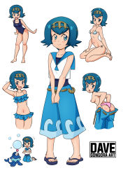 Rule 34 | 1girl, animal, animal print, arm behind back, arm behind head, ass, balancing on nose, barefoot, bikini, bikini bottom only, bikini skirt, blue bikini, blue eyes, blue footwear, blue hair, blue shorts, blue skin, blush, breasts, bubble, chibi, clothes pull, collarbone, colored skin, creatures (company), dakunart, fish print, flip-flops, from behind, game freak, gen 7 pokemon, hairband, hand on own thigh, highres, kneeling, lana (pokemon), looking back, looking down, looking to the side, multiple views, navel, nintendo, nipples, one-piece swimsuit, open mouth, own hands together, pink bikini, pokemon, pokemon sm, popplio, print swimsuit, rope, sandals, seal (animal), shirt, short hair, shorts, shorts pull, side-tie bikini bottom, sleeveless, sleeveless shirt, small breasts, smile, standing, swimsuit, teeth, topless, undressing, white background, white shirt